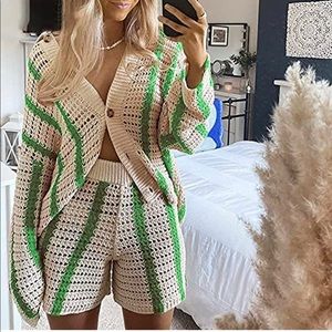 Crochet striped cardigan and short set